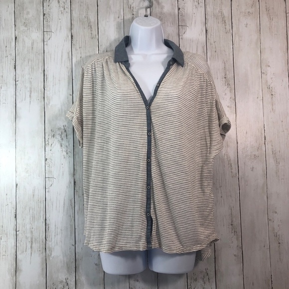 Lucky Brand Button Up Striped Chambray Collar Top Large - Picture 1 of 10